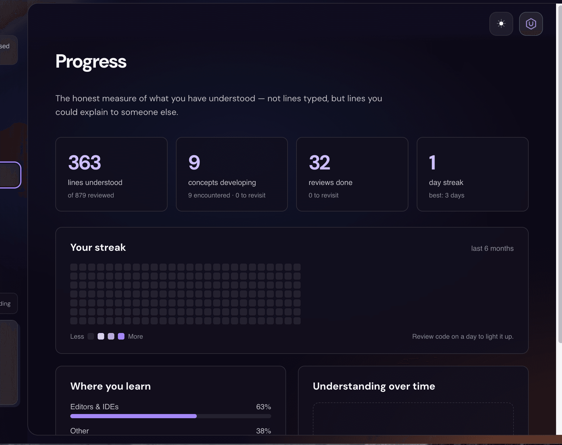 Unvibe progress dashboard for retained code knowledge