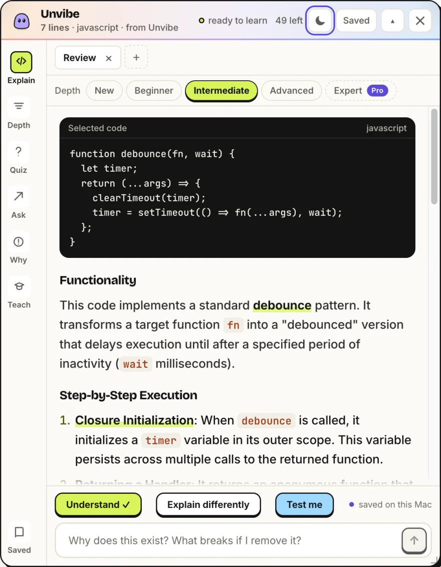 The Unvibe panel on a Mac explaining a JavaScript debounce function at the Intermediate depth