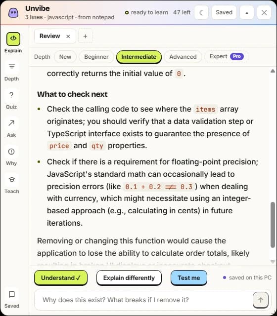 The Unvibe panel on Windows explaining JavaScript selected in Notepad, with what to check next