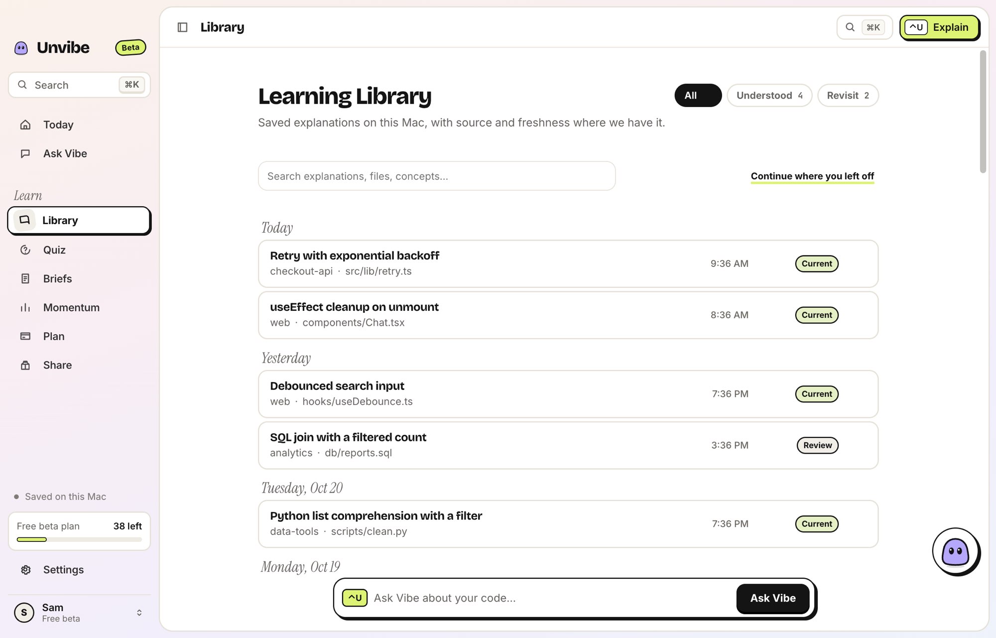 Unvibe 0.1.43 Library with sample lessons and Current or Review labels