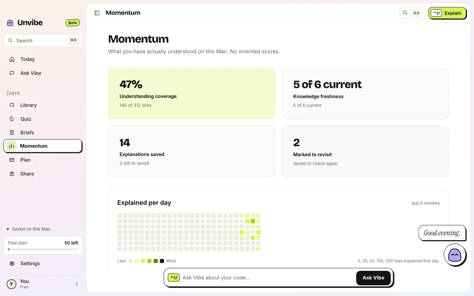 The Unvibe Momentum page with understanding coverage and a calendar of the days you explained code