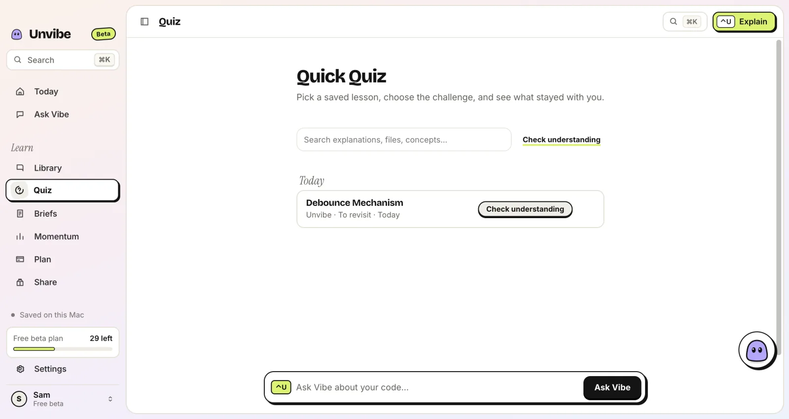 The Unvibe Quick Quiz page listing a saved Debouncing lesson