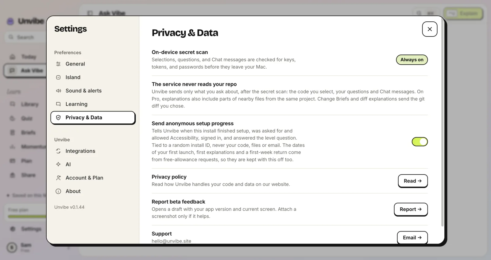 Unvibe Privacy & Data settings showing the always-on secret scan